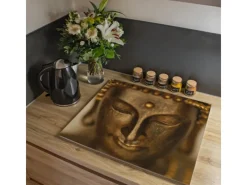 Best Banjado Herdabdeckplatte Glas 1 Teilig 60x52CM Schneidebrett Herdabdeckung Mit Motiv Buddha Gold