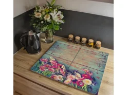 Clearance Banjado Herdabdeckplatte Glas 2 Teilig Je 30x52CM Schneidebrett Herdabdeckung Mit Motiv Blumenpfücken