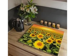 Banjado Herdabdeckplatte Glas 1 Teilig 60x52CM Schneidebrett Herdabdeckung Mit Motiv Sonnenblumenmeer< Schneidebretter|Herdabdeckungen