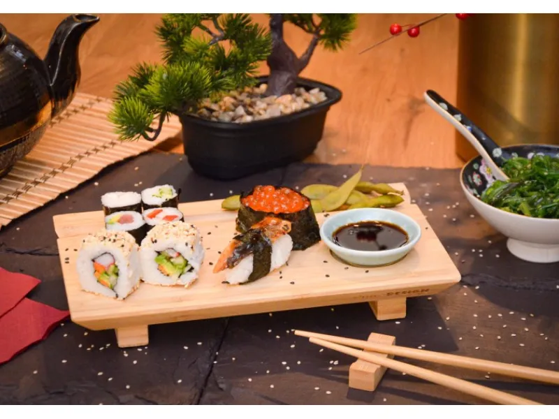 Clearance DuneDesign 4er Set Japanisches Sushi Brett 27 x 16 x 4 cm mit Schälchen
