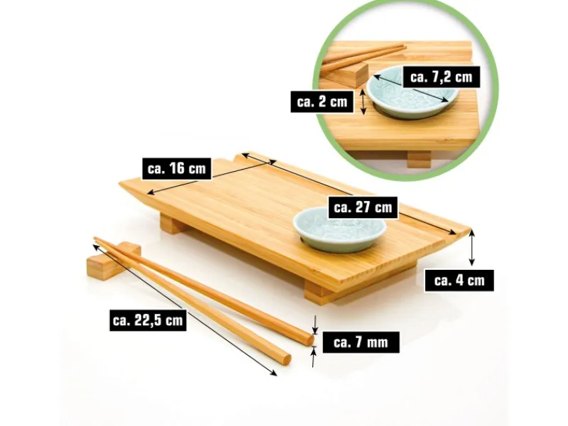 Hot DuneDesign 2er Set Japanisches Sushi Brett 27 x 16 x 4 cm mit Schälchen