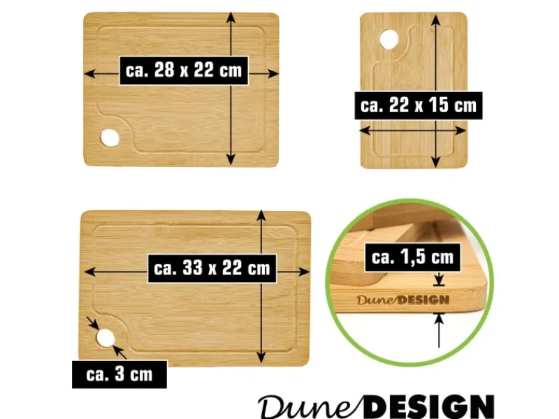 DuneDesign Schneidebretter|Küchenhelfer<3er Set Schneidebrett aus Bambus 33 x 22 cm mit Saftrille