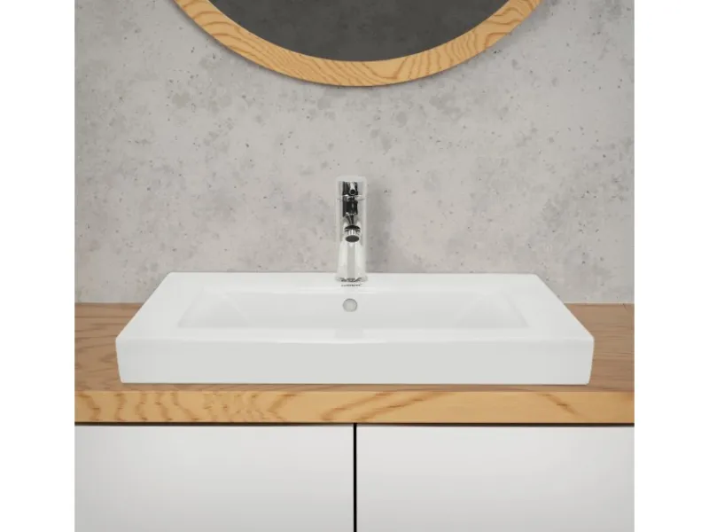 ECD Germany Einhebelmischer<Waschbecken Waschtisch 605 x 465 x 160 mm Keramik Weiß Einbaubecken