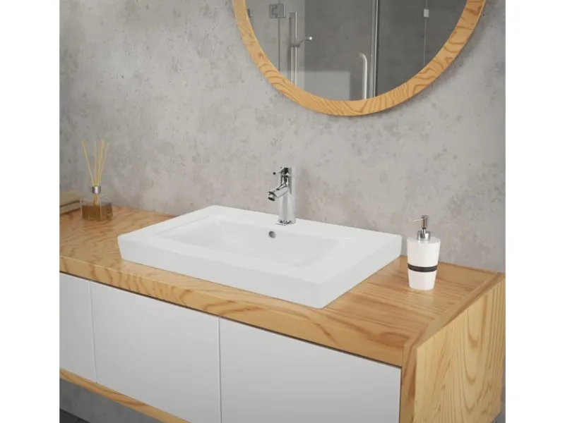 ECD Germany Einhebelmischer<Waschbecken Waschtisch 605 x 465 x 160 mm Keramik Weiß Einbaubecken