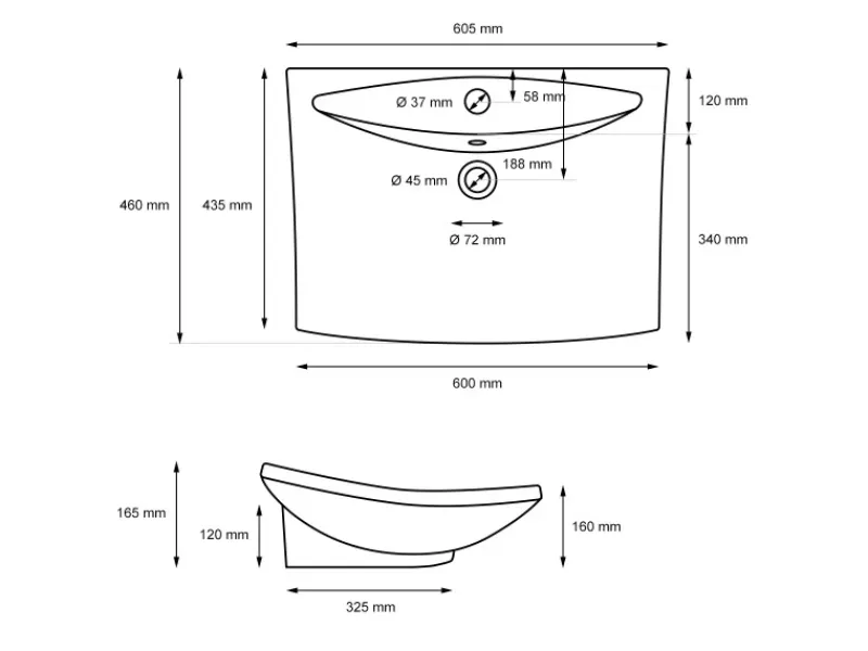 ECD Germany Einhebelmischer<Waschbecken 605x460x165 mm Keramik inkl Ablaufgarnitur mit Überlauf