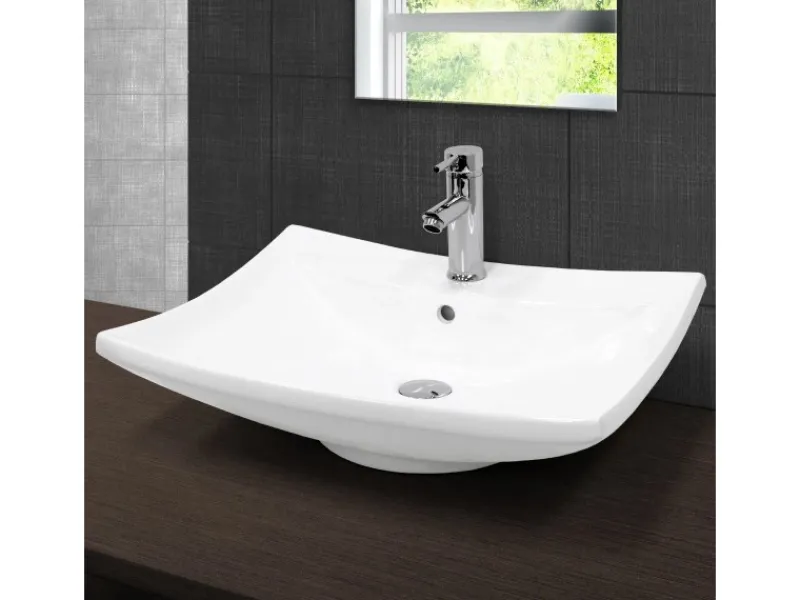 ECD Germany Einhebelmischer<Waschbecken 605x460x165 mm Keramik inkl Ablaufgarnitur mit Überlauf