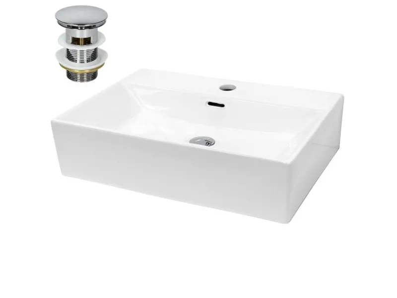 ECD Germany Einhebelmischer<Waschbecken 605x365x130 mm Keramik Eckig Weiß inkl Ablaufgarnitur