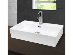 ECD Germany Einhebelmischer<Waschbecken 605x365x130 mm Keramik Eckig Weiß inkl Ablaufgarnitur