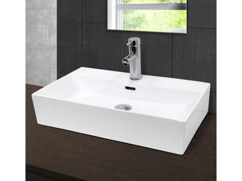 ECD Germany Einhebelmischer<Waschbecken 605x365x130 mm Keramik Eckig Weiß inkl Ablaufgarnitur