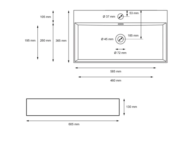 ECD Germany Einhebelmischer<Waschbecken 605x365x130 mm Keramik Eckig Weiß inkl Ablaufgarnitur