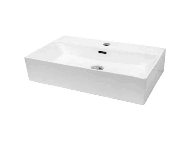 ECD Germany Einhebelmischer<Waschbecken 605x365x130 mm Keramik Eckig Weiß inkl Ablaufgarnitur