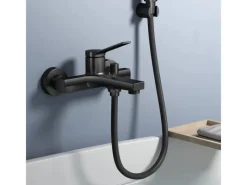 Einhebelmischer<Emke Badewannenarmatur Schwarz mit Auslauf Mischbatterie Badewanne Brausebatterie Einhand Wannenbatterie