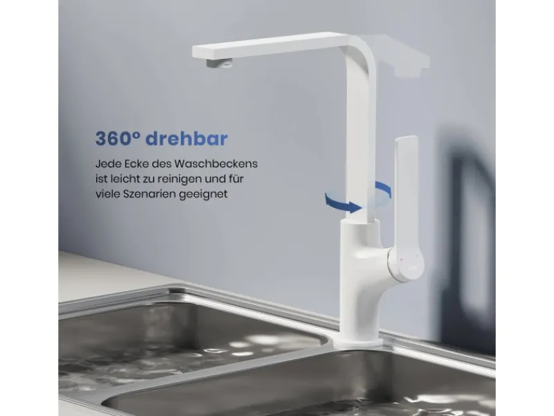 Outlet Emke Küchenarmatur Weiß Matt im Ultradünnen Design 30x22x10 cm Küchenarmatur Drehbar Wasserhahn