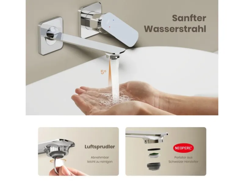 Emke Wand Waschtischarmatur Inklusive Grundkörper 233 x 127 x 110 mm Verchromt Mischbatterie für Waschbecken< Einhebelmischer