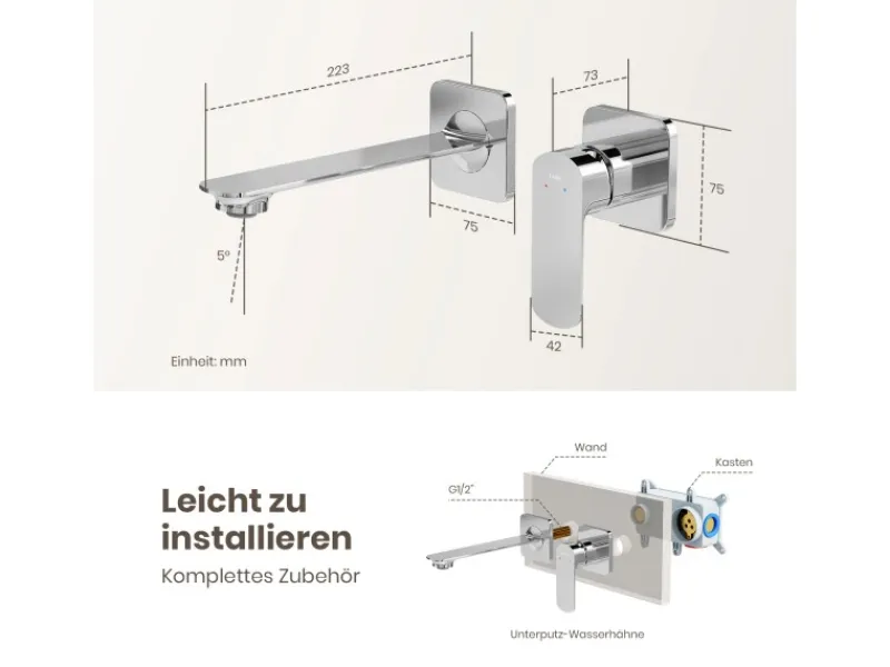 Emke Wand Waschtischarmatur Inklusive Grundkörper 233 x 127 x 110 mm Verchromt Mischbatterie für Waschbecken< Einhebelmischer
