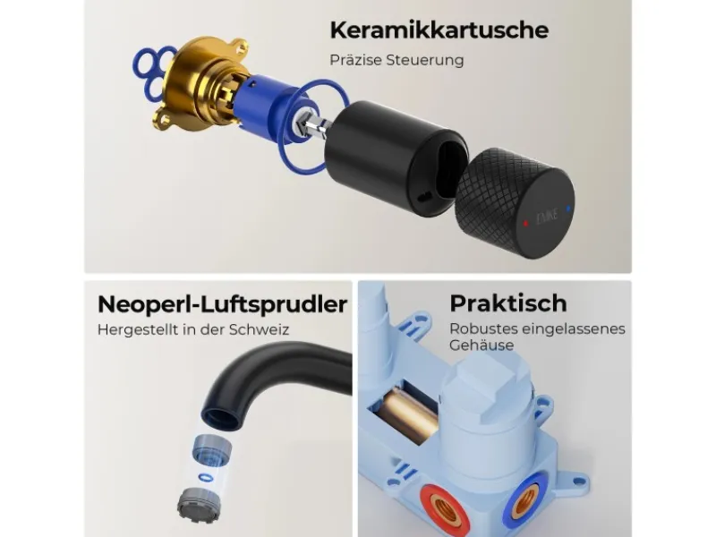 Emke Waschtischarmatur Unterputz für Wandmontage Schwarz Matt Wasserhahn Badarmatur< Einhebelmischer