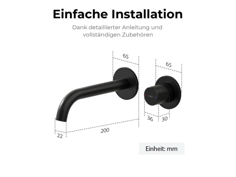 Emke Waschtischarmatur Unterputz für Wandmontage Schwarz Matt Wasserhahn Badarmatur< Einhebelmischer