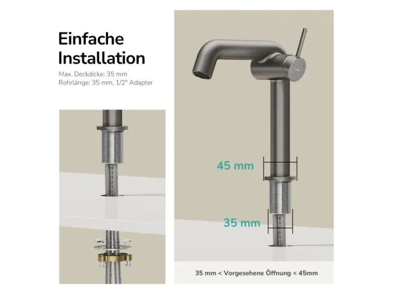 Einhebelmischer<Emke Wasserhahn Bad 222 x 200 x 76 mm Anthrazit Matt Wasserhahn Waschtischarmatur Mischbatterie