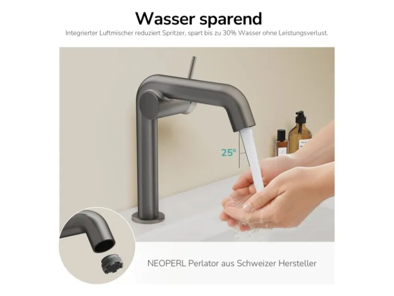 Einhebelmischer<Emke Wasserhahn Bad 222 x 200 x 76 mm Anthrazit Matt Wasserhahn Waschtischarmatur Mischbatterie
