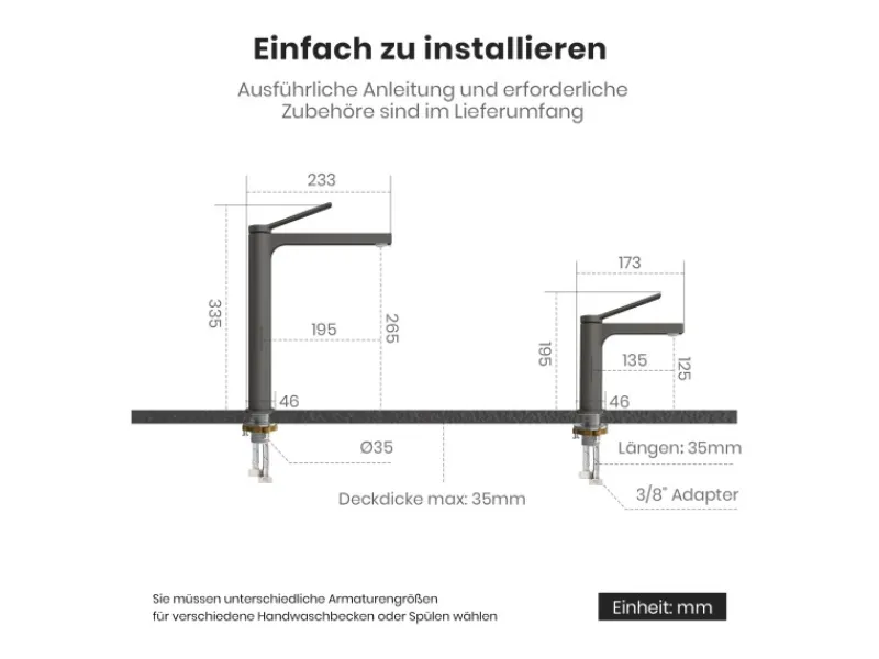 Einhebelmischer|Zubehör Für Küchenarmatur<Emke Wasserhahn Waschbeckenarmaturen 335 x 233 x 46 mm Anthrazit Mischbatterie Küchenarmatur mit Luftsprudler