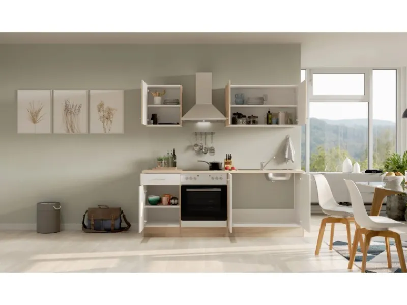 Flex-Well Classic Einbauküchen|Kochfelder<Küchenzeile Florida 210 cm Weiß - Sonoma Eiche