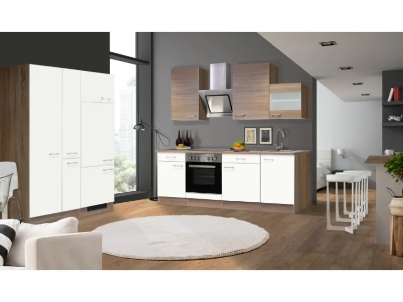 Flex-Well Classic Herde|Kochfelder<Küchenzeile Florida 360 cm Weiß-Sonoma Eiche Nachbildung