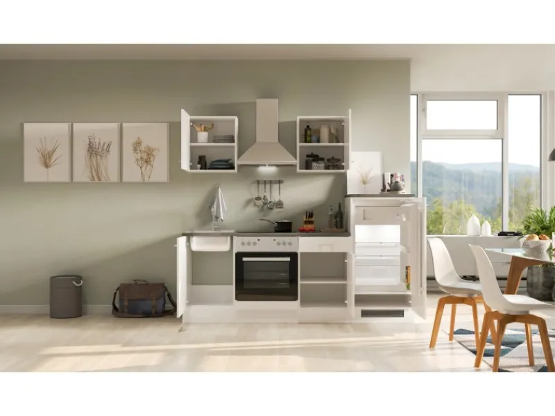 Flex-Well Classic Kühlschränke|Kochfelder<Küchenzeile Lucca 220 cm Weiß matt - Caledonia