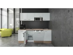 New Flex-Well Exclusiv Büroküche Valero 210 cm Hochglanz Weiß-Sonoma Eiche