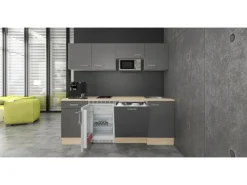 Flex-Well Exclusiv Einbauküchen|Kühlschränke<Büroküche Morena 210 cm Basaltgrau matt-San Remo Eiche hell