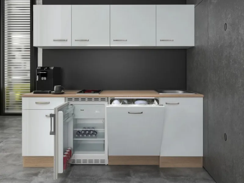 Flex-Well Exclusiv Single-Küchen|Kühlschränke<Büroküche Valero 210 cm Hochglanz Weiß-Sonoma Eiche