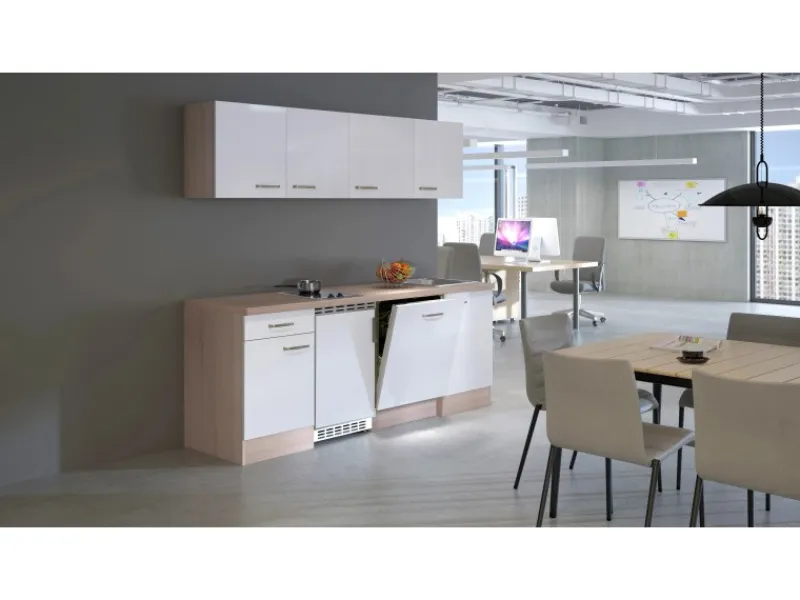 Flex-Well Exclusiv Single-Küchen|Kühlschränke<Büroküche Valero 210 cm Hochglanz Weiß-Sonoma Eiche