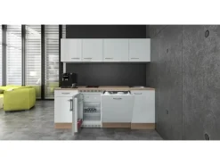Flex-Well Exclusiv Single-Küchen|Kühlschränke<Büroküche Valero 210 cm Hochglanz Weiß-Sonoma Eiche