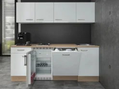 Flex-Well Exclusiv Kühlschränke|Einbauküchen<Büroküche Valero 210 cm Hochglanz Weiß-Sonoma Eiche