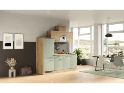Flex-Well Exclusiv Küche 1602-002 Cara 210 cm Schilfgrün matt - Artisan Eiche< Single-Küchen|Einbauküchen