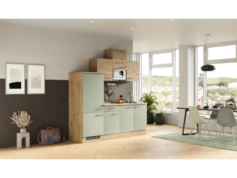 Flex-Well Exclusiv Küche 1602-002 Cara 210 cm Schilfgrün matt - Artisan Eiche< Single-Küchen|Einbauküchen