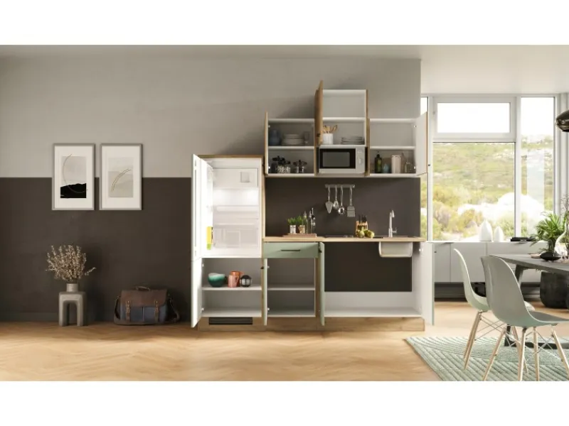 Flex-Well Exclusiv Küche 1602-002 Cara 210 cm Schilfgrün matt - Artisan Eiche< Single-Küchen|Einbauküchen