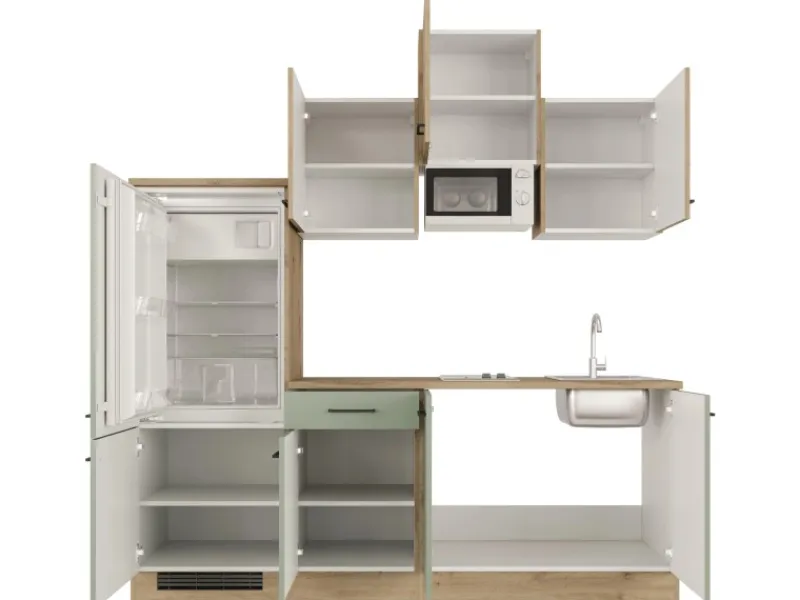 Flex-Well Exclusiv Küche 1602-002 Cara 210 cm Schilfgrün matt - Artisan Eiche< Single-Küchen|Einbauküchen