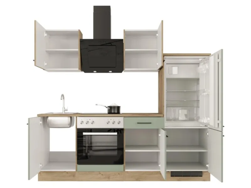 Discount Flex-Well Exclusiv Küche 1706-005 Cara 220 cm Schilfgrün matt - Artisan Eiche