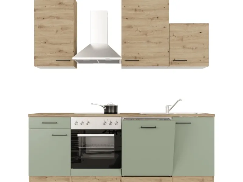 Flex-Well Exclusiv Küche 1701-016 Cara 220 cm Schilfgrün matt - Artisan Eiche< Einbauküchen|Küchenschränke