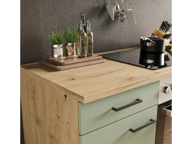 Flex-Well Exclusiv Küche 1701-016 Cara 220 cm Schilfgrün matt - Artisan Eiche< Einbauküchen|Küchenschränke