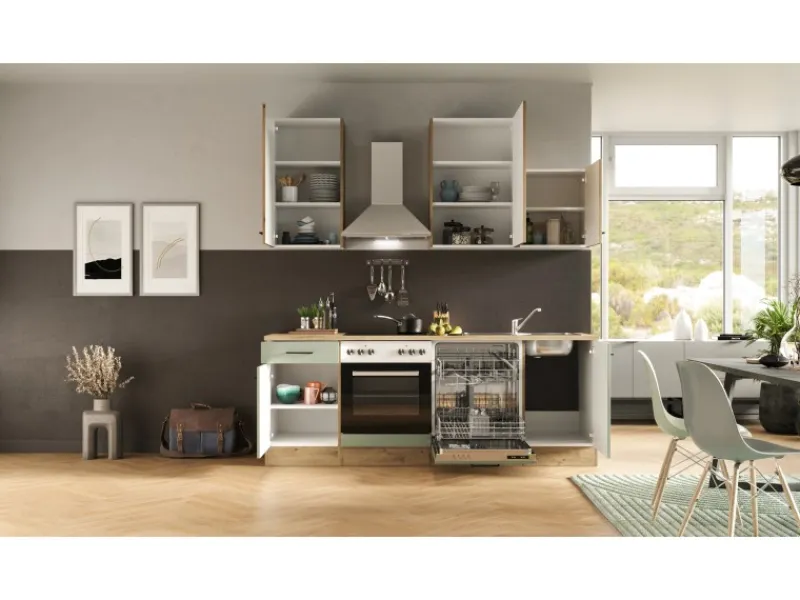 Flex-Well Exclusiv Küche 1701-016 Cara 220 cm Schilfgrün matt - Artisan Eiche< Einbauküchen|Küchenschränke