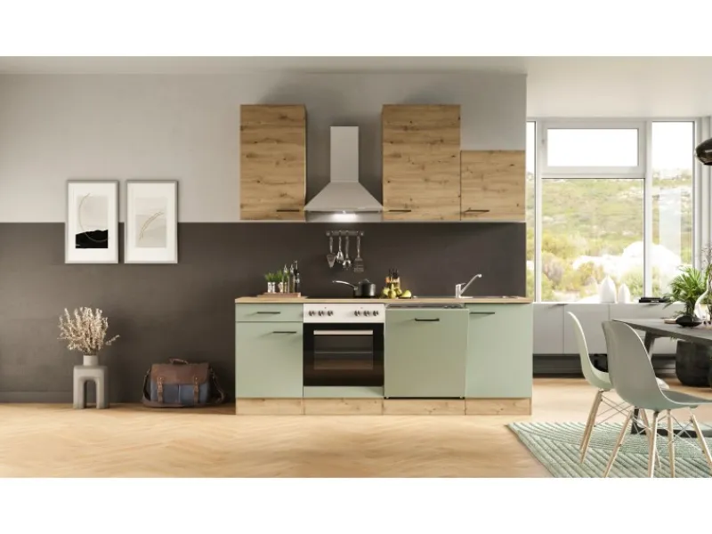 Flex-Well Exclusiv Küche 1701-016 Cara 220 cm Schilfgrün matt - Artisan Eiche< Einbauküchen|Küchenschränke