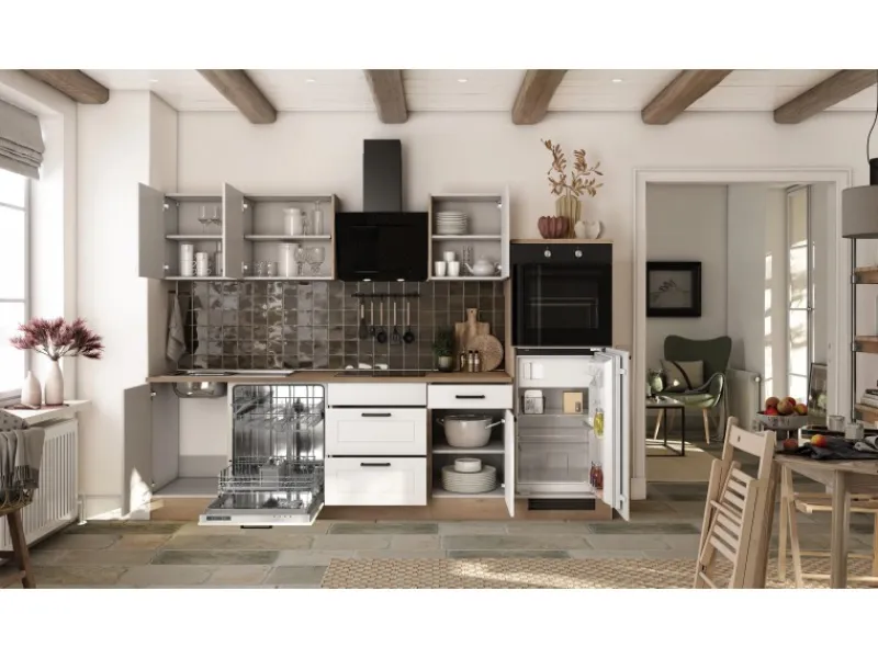 Flex-Well Exclusiv Küche 2327-019 Julia 280 cm Weiß matt-Cosmopolitan Eiche< Landhausküchen|Kühlschränke