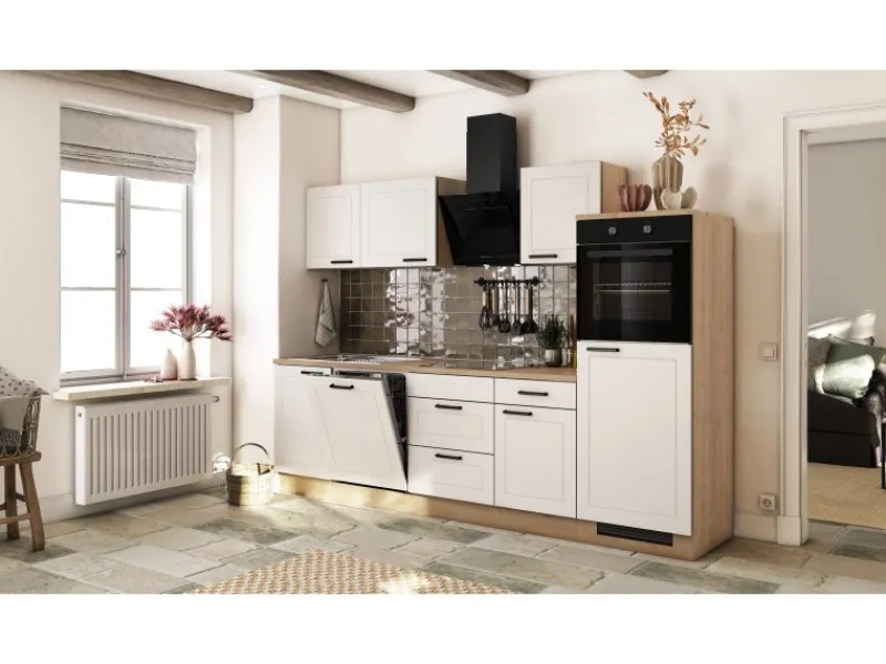 Flex-Well Exclusiv Küche 2327-019 Julia 280 cm Weiß matt-Cosmopolitan Eiche< Landhausküchen|Kühlschränke