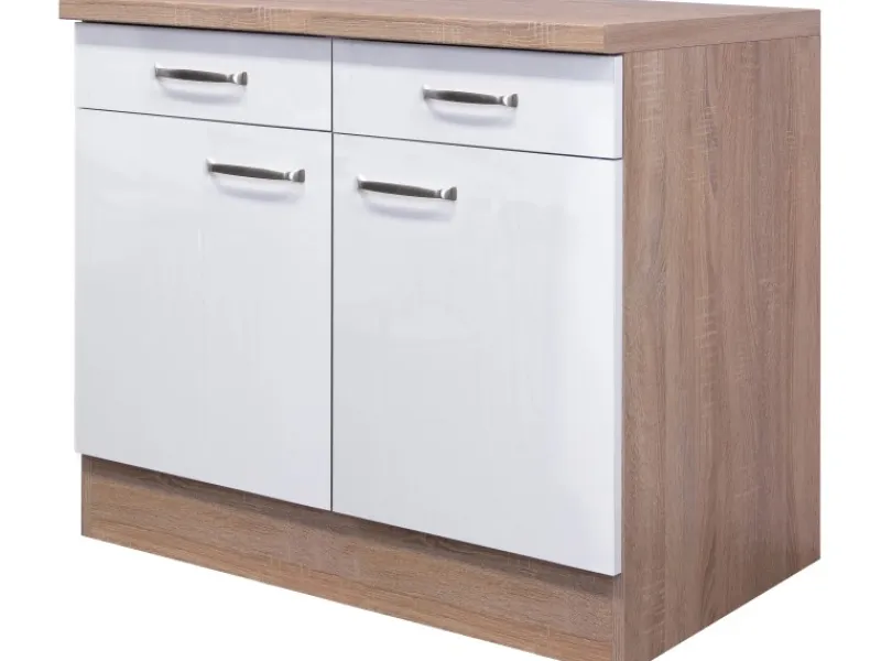 Flex-Well Exclusiv Küchen-Unterschrank Valero 100 cm Hochglanz Weiß-Sonoma Eiche< Küchenschränke