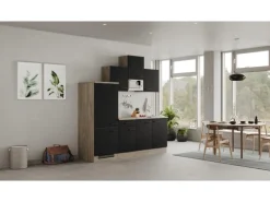 Clearance Flex-Well Exclusiv Küchenzeile Capri 210 cm Schwarz Matt-Endgrain Oak