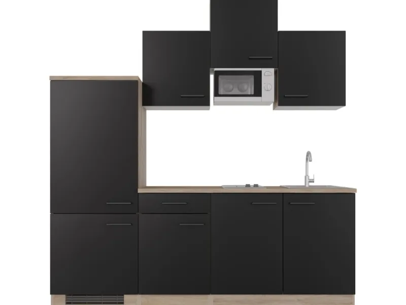 Clearance Flex-Well Exclusiv Küchenzeile Capri 210 cm Schwarz Matt-Endgrain Oak