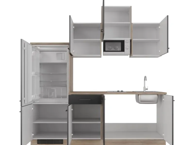 Clearance Flex-Well Exclusiv Küchenzeile Capri 210 cm Schwarz Matt-Endgrain Oak
