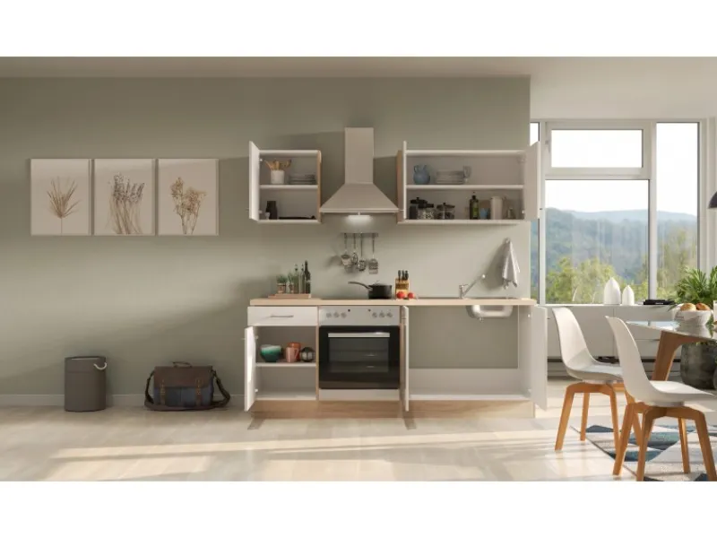 Flex-Well Exclusiv Küchenzeile Orlando 210 cm Kaschmir Glanz - Sonoma Eiche< Winkelküchen