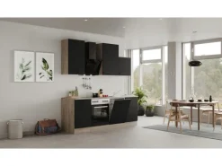 Flex-Well Exclusiv Küchenzeile Capri 220 cm Schwarz Matt-Endgrain Oak< Einbauküchen|Herde